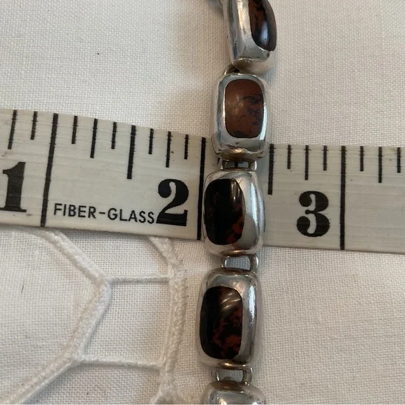 VINTAGE .950 SILVER MAHOGANY OBSIDIAN 9 LINK BRACELET, TOGGLE CLASP 36 GRAMS - Picture 10 of 16